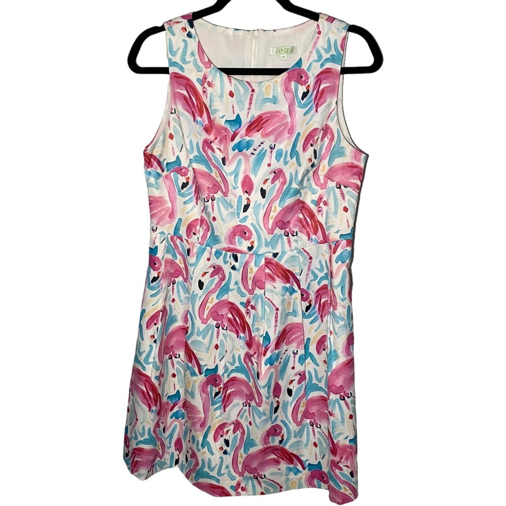 Jade Melody Tam Women's Medium Pink Flamingo Tropical Fit and Flare Dress